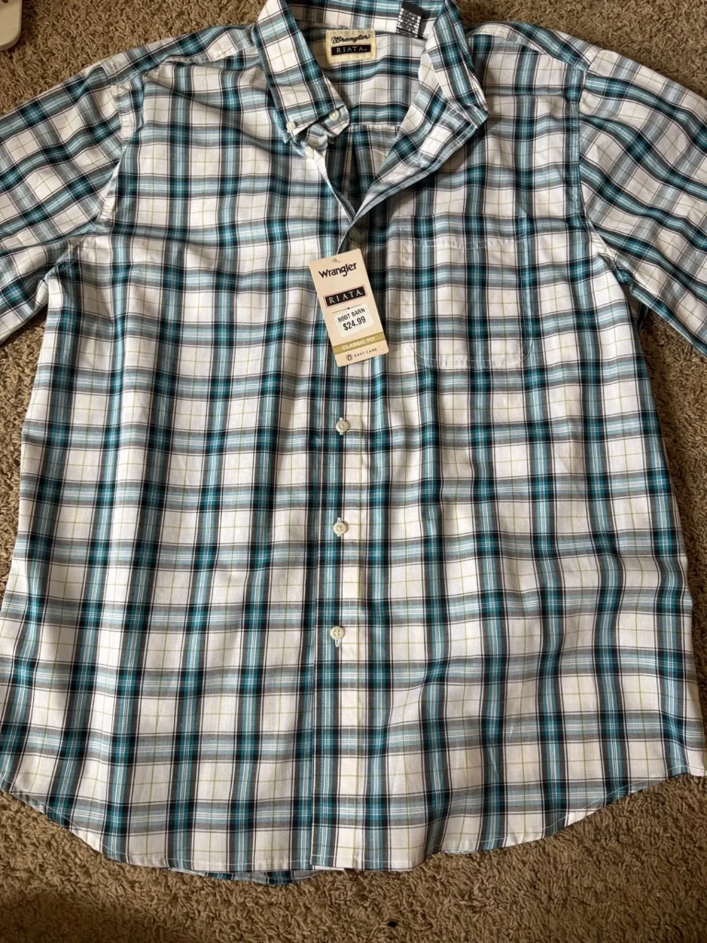 Wrangler Men’s Teal, Black and White Plaid Button-Down Shirt - Picture 1 of 4